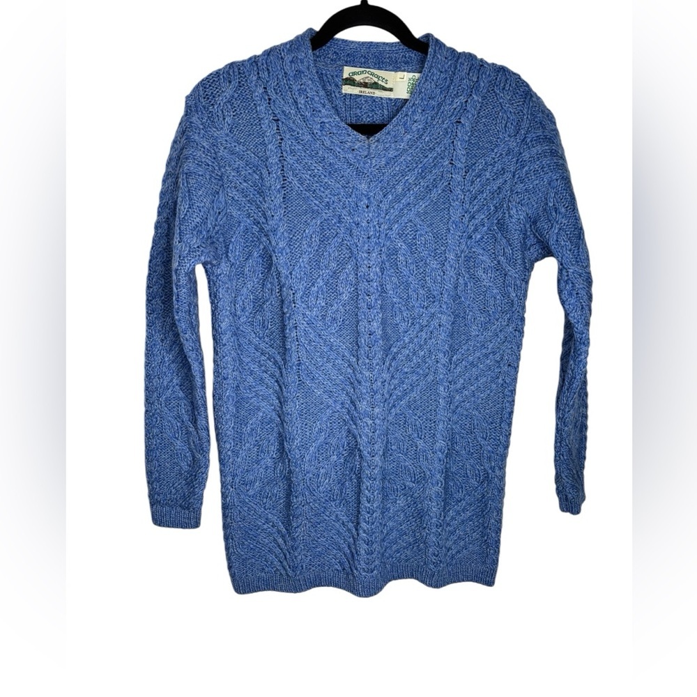 Aran Crafts Merino Wool Sweater Womens Large Blue Cable Knit Ireland